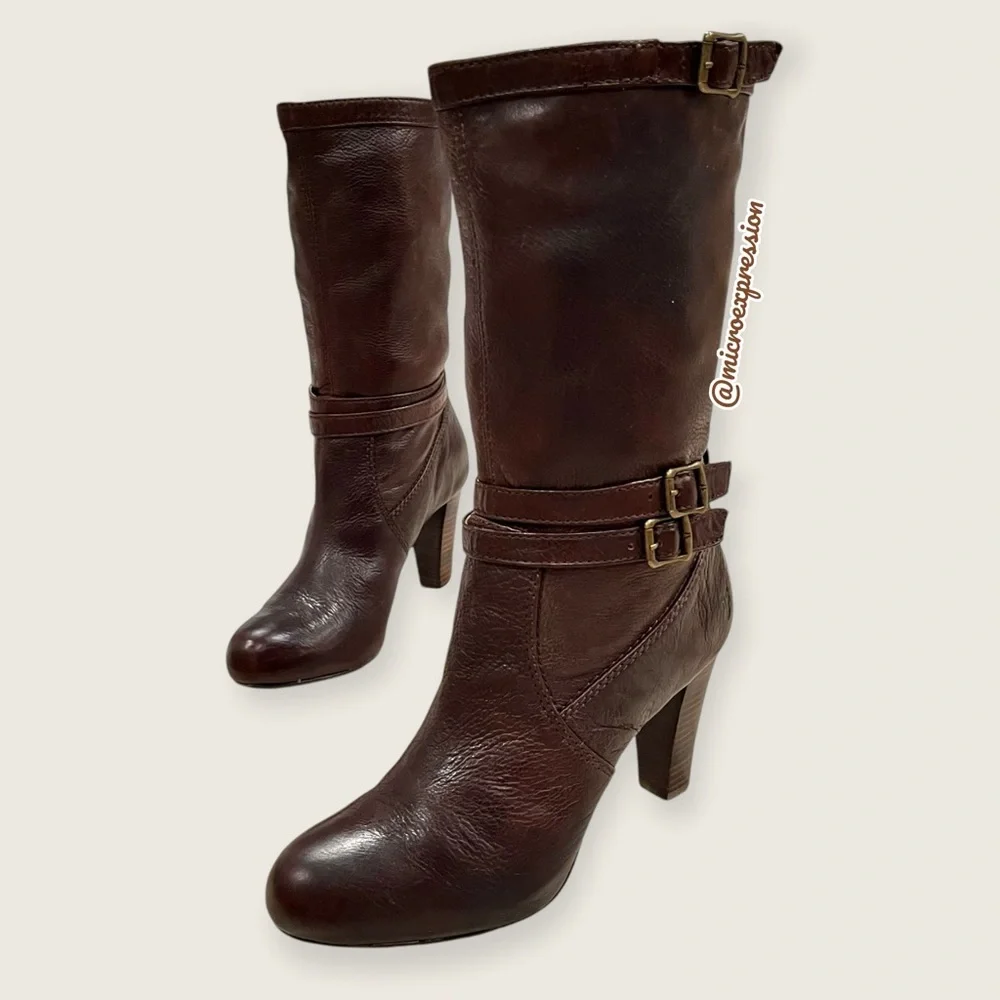 $369 Frye Miranda Slouch Mid Calf Brown Leather Casual Formal Stiletto Booties - Picture 11 of 12